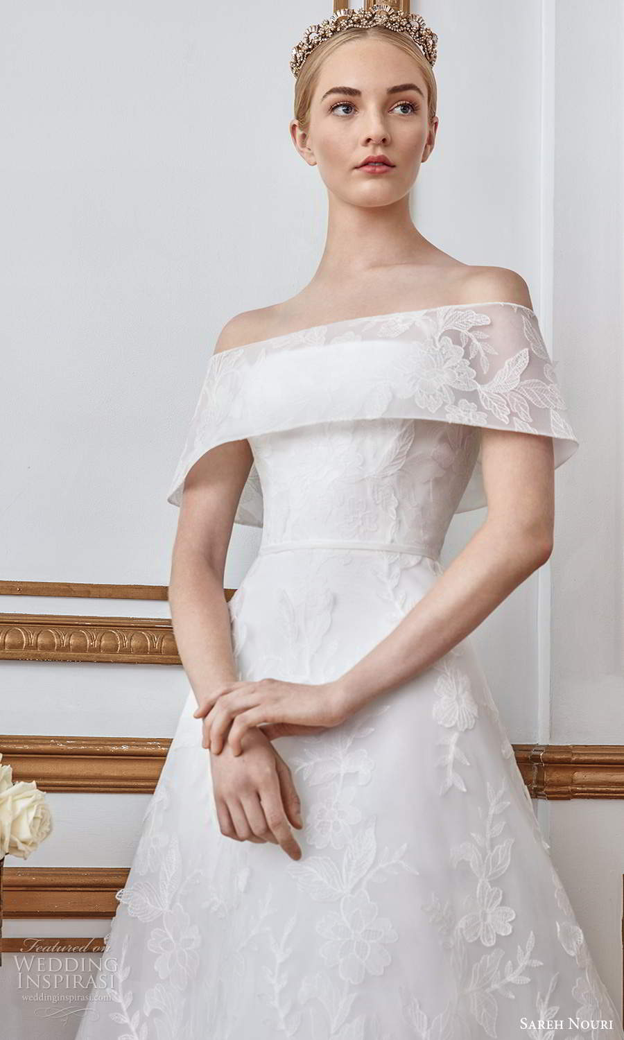 sareh nouri fall 2021 bridal short sleeves off shoulder foldover neckline fullyembellished lace a line ball gown wedding dress sweep train (4) zv