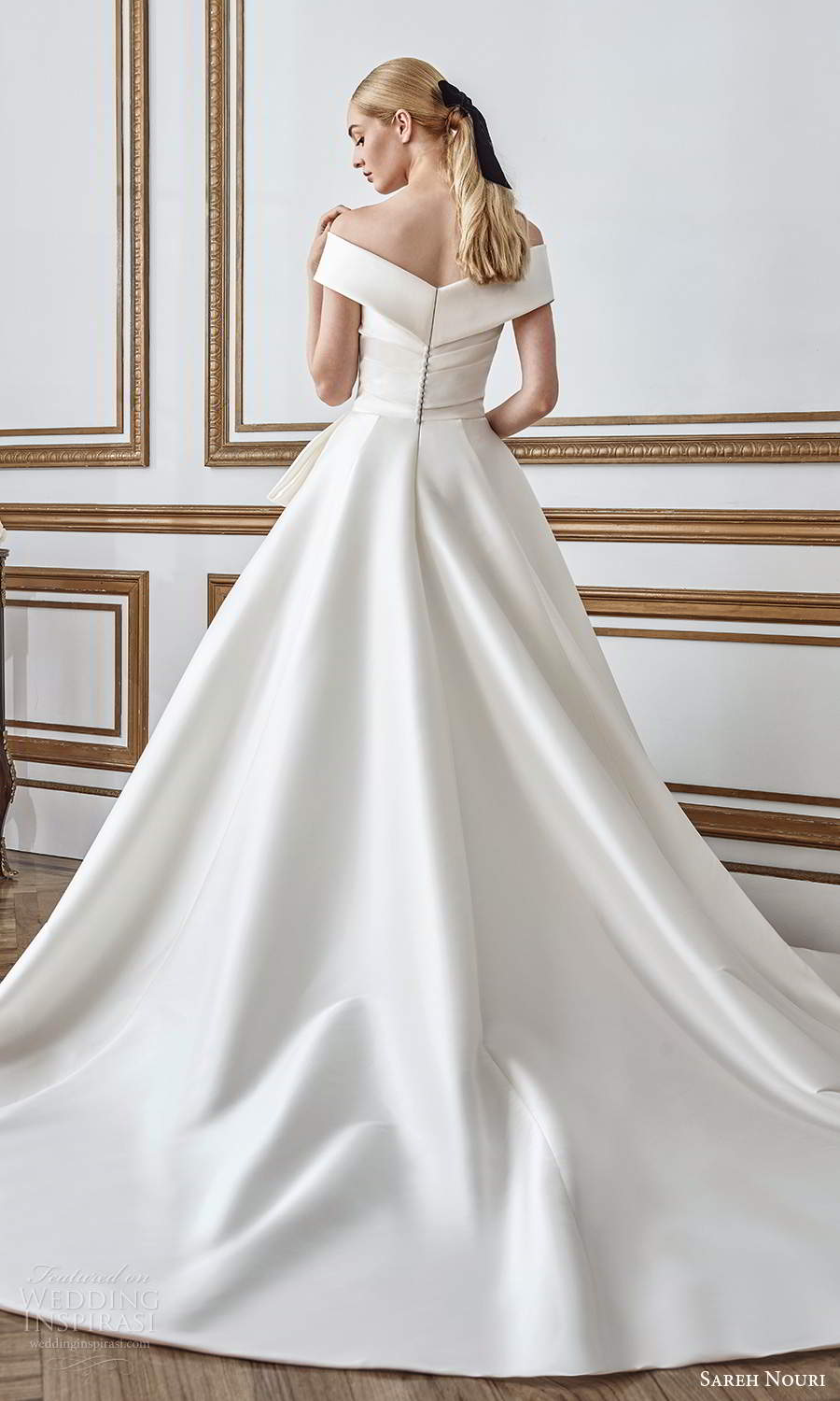 sareh nouri fall 2021 bridal short sleeves off shoulder v neckline pleated bodice bow waist clean minimalist a line ball gown wedding dress chapel train (2) bv