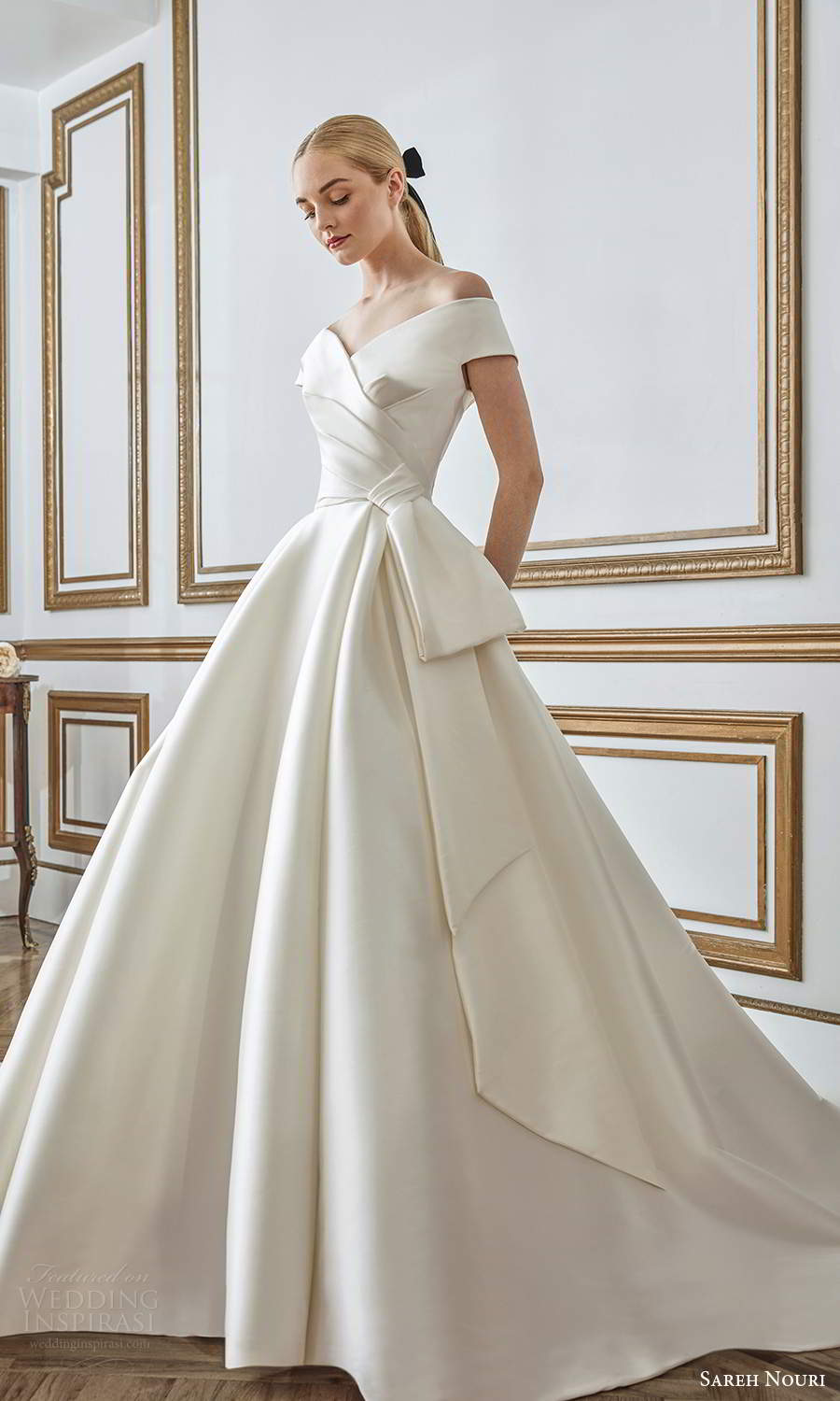 sareh nouri fall 2021 bridal short sleeves off shoulder v neckline pleated bodice bow waist clean minimalist a line ball gown wedding dress chapel train (2) mv