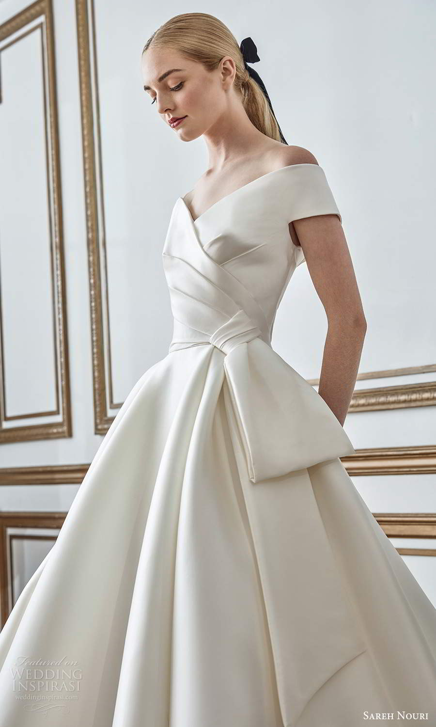 sareh nouri fall 2021 bridal short sleeves off shoulder v neckline pleated bodice bow waist clean minimalist a line ball gown wedding dress chapel train (2) zv