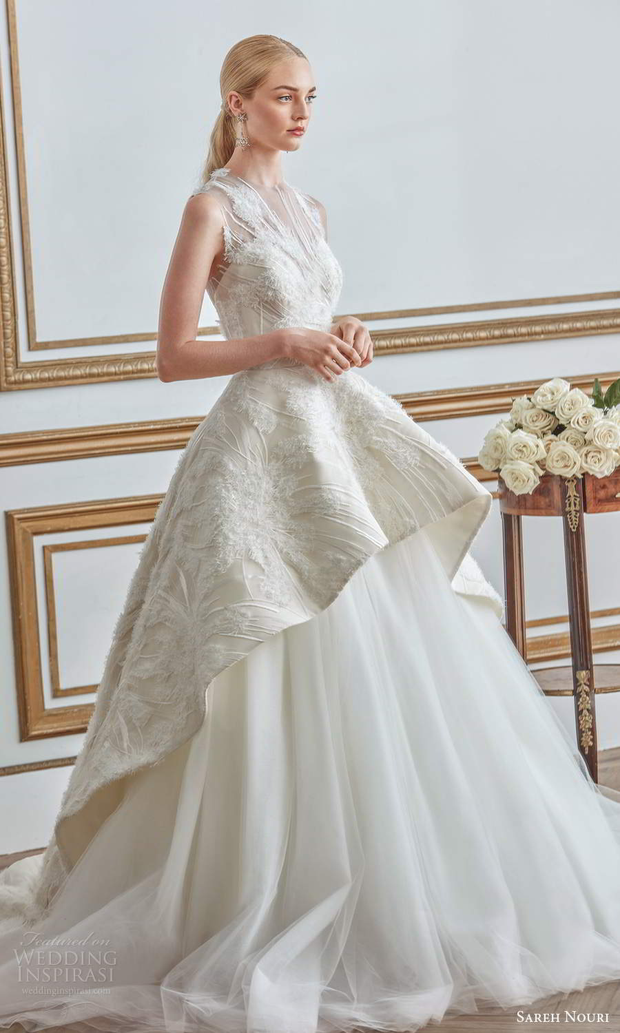 sareh nouri fall 2021 bridal sleeveless illusion jewel neck sweetheart neckline embellished bodice a line ball gown wedding dress tiered skirt chapel train (7) mv