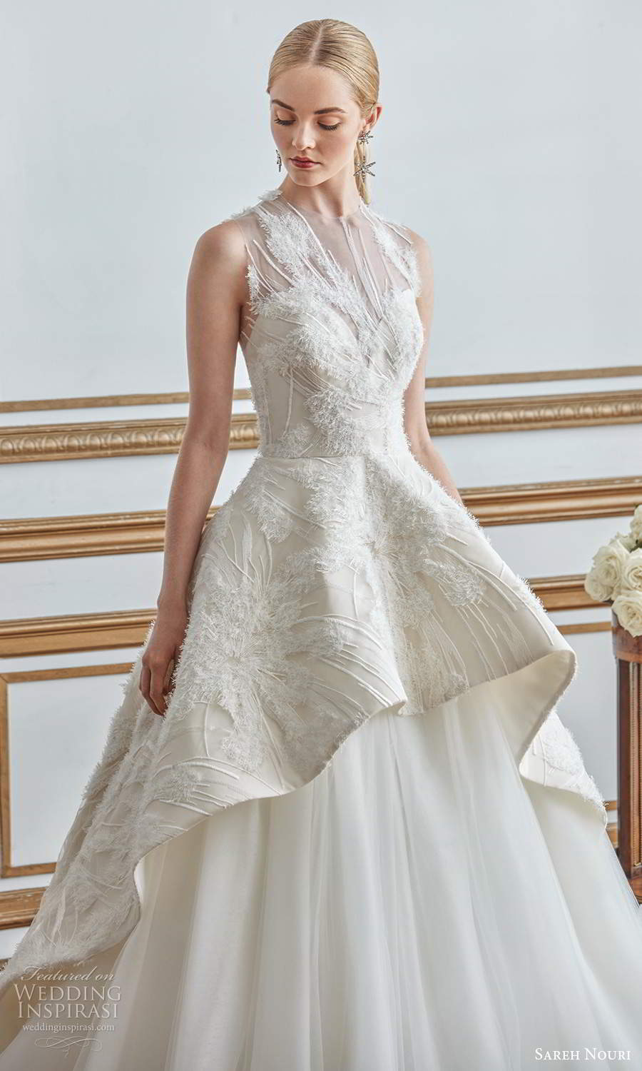 sareh nouri fall 2021 bridal sleeveless illusion jewel neck sweetheart neckline embellished bodice a line ball gown wedding dress tiered skirt chapel train (7) zv