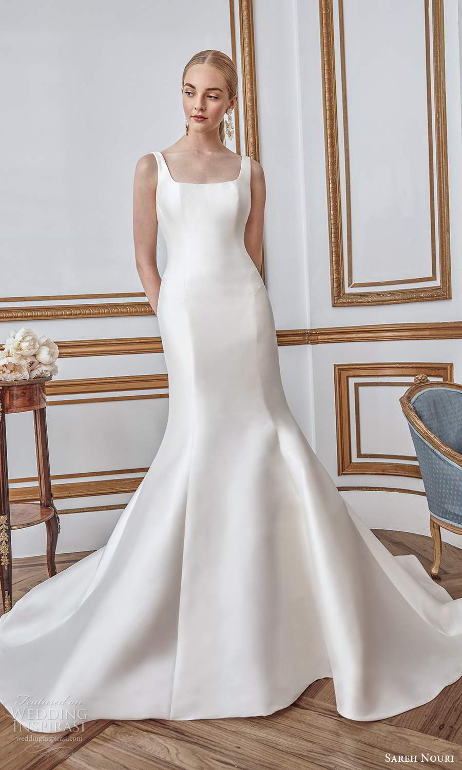 sareh nouri fall 2021 bridal sleeveless thick straps square neckline clean minimalist mermaid wedding dress bow back chapel train (5) mv