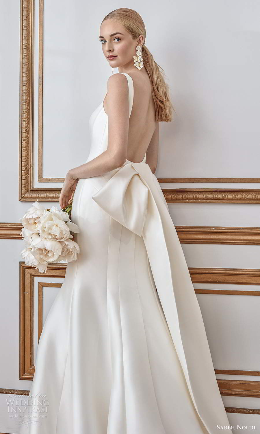 sareh nouri fall 2021 bridal sleeveless thick straps square neckline clean minimalist mermaid wedding dress bow back chapel train (5) zbv sareh nouri fall 2021 bridal sleeveless thick straps square neckline clean minimalist mermaid wedding dress bow back chapel train (5) zbv