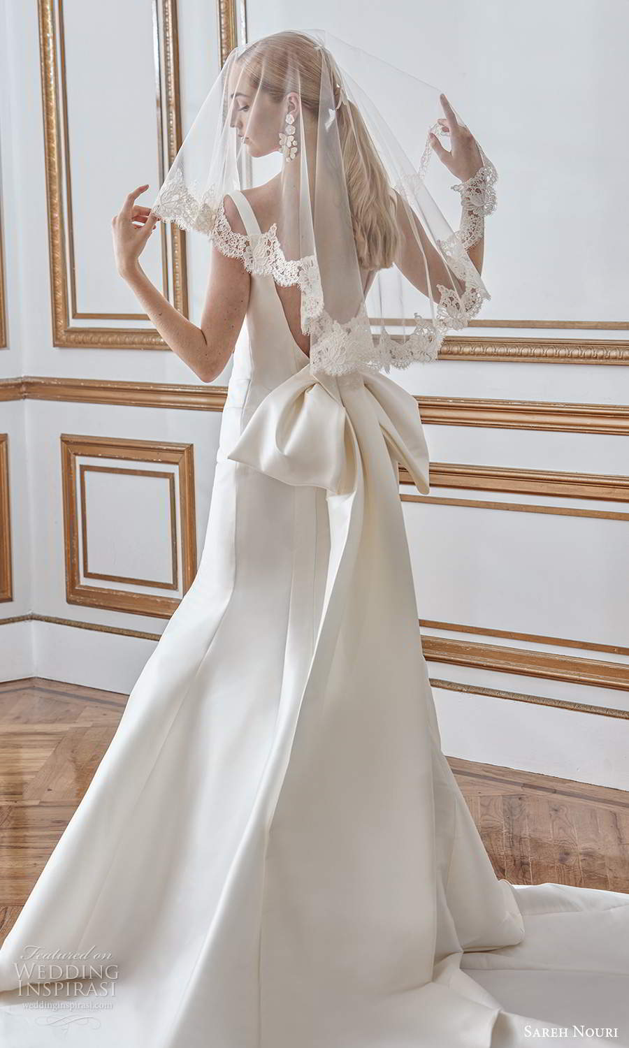 sareh nouri fall 2021 bridal sleeveless thick straps square neckline clean minimalist mermaid wedding dress bow back chapel train veil (5) bv