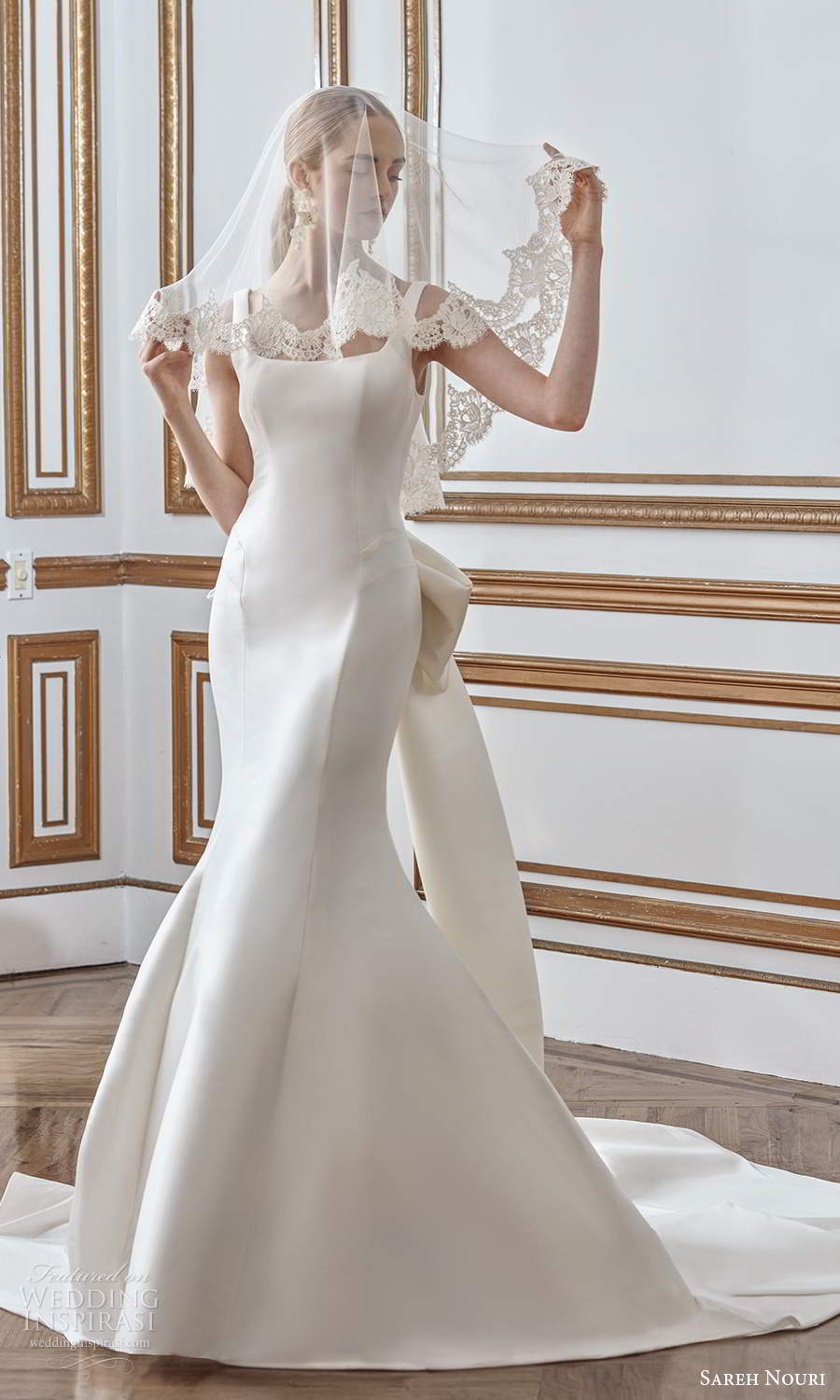 sareh nouri fall 2021 bridal sleeveless thick straps square neckline clean minimalist mermaid wedding dress bow back chapel train veil (5) mv sareh nouri fall 2021 bridal sleeveless thick straps square neckline clean minimalist mermaid wedding dress bow back chapel train veil (5) mv