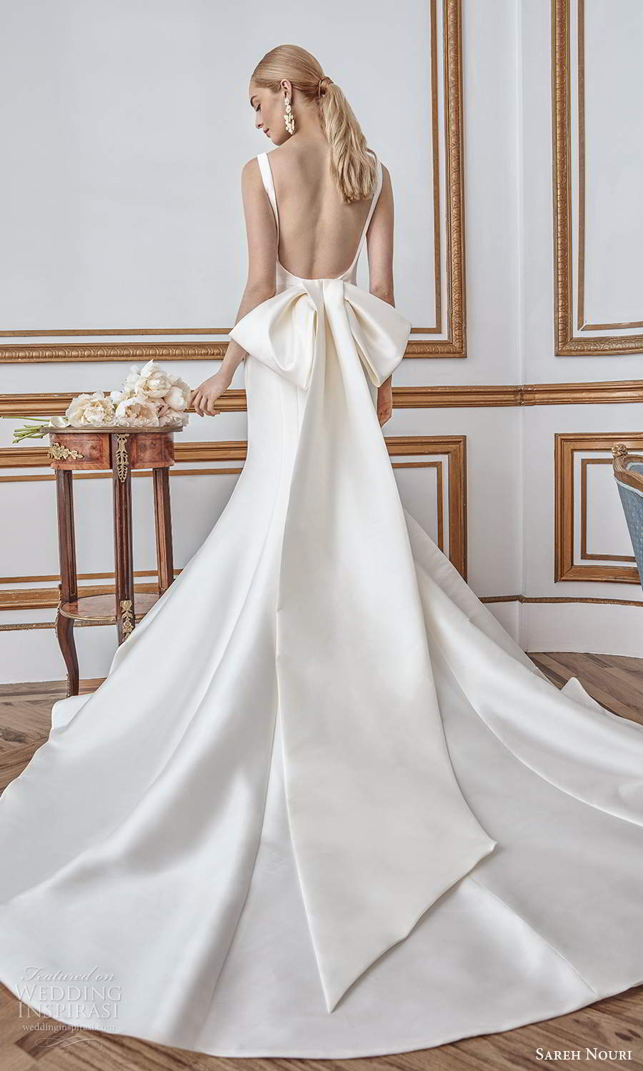 sareh nouri fall 2021 bridal sleeveless thick straps square neckline clean minimalist mermaid wedding dress bow open back chapel train (5) bv