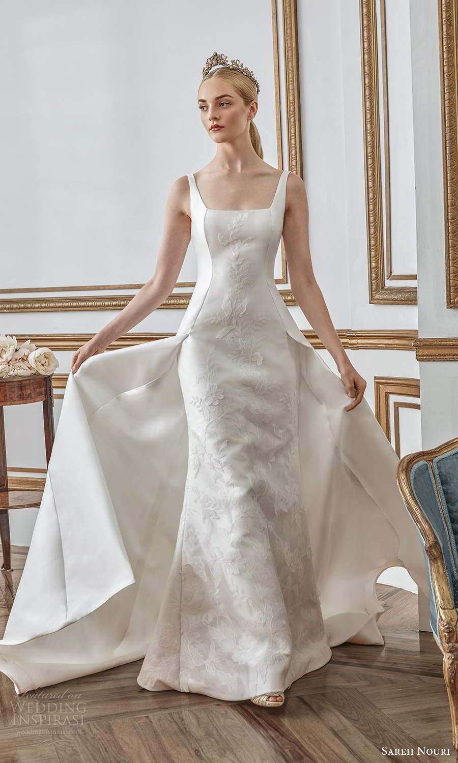 sareh nouri fall 2021 bridal sleeveless thick straps square neckline minimalist princess sheath wedding dress a line overskirt chapel train (9) mv