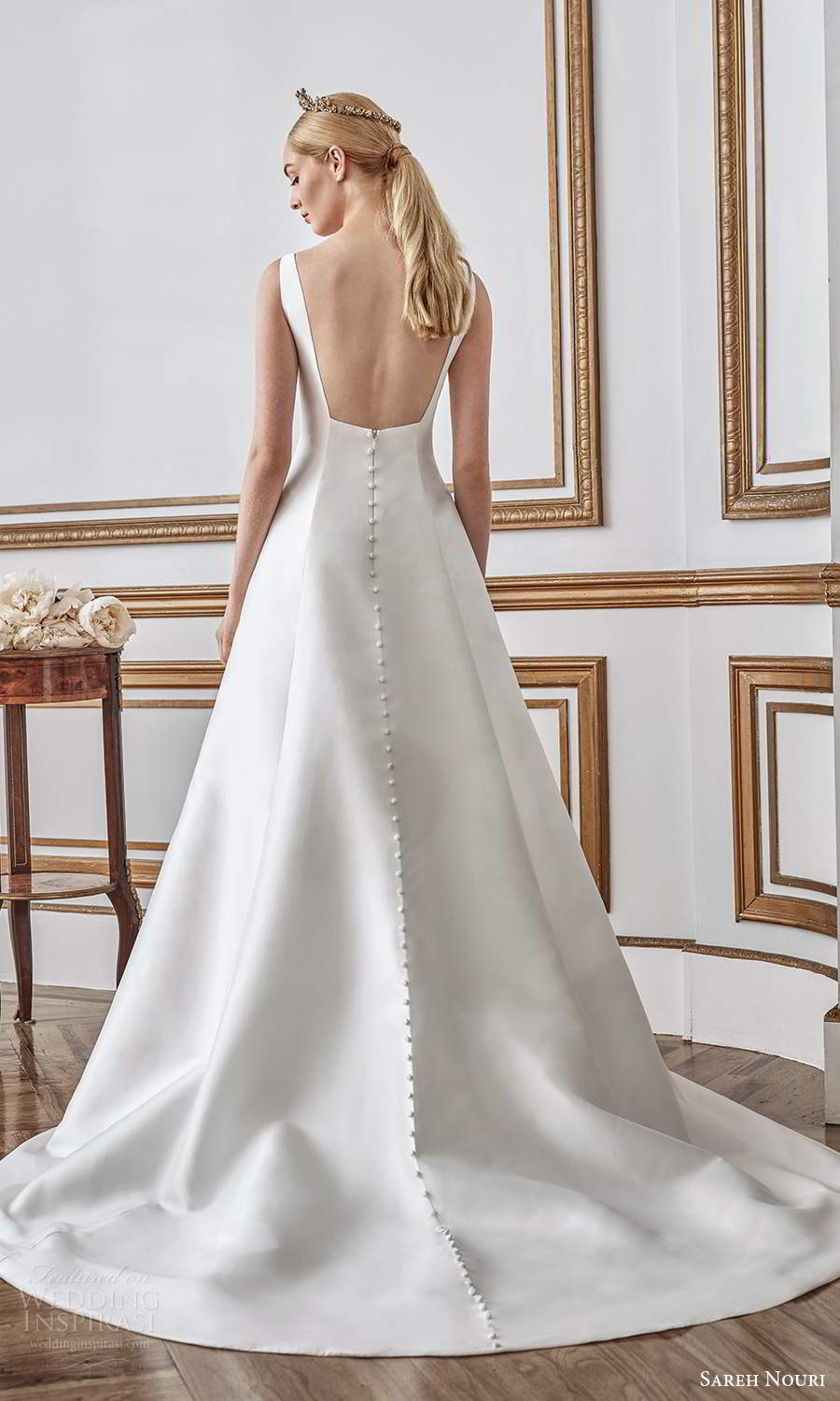 sareh nouri fall 2021 bridal sleeveless thick straps square neckline minimalist princess sheath wedding dress a line overskirt chapel train low back (9) bv