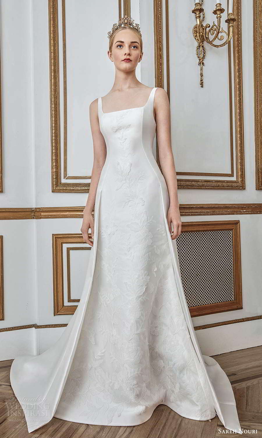 sareh nouri fall 2021 bridal sleeveless thick straps square neckline minimalist princess sheath wedding dress a line overskirt chapel train low back (9) fv sareh nouri fall 2021 bridal sleeveless thick straps square neckline minimalist princess sheath wedding dress a line overskirt chapel train low back (9) fv