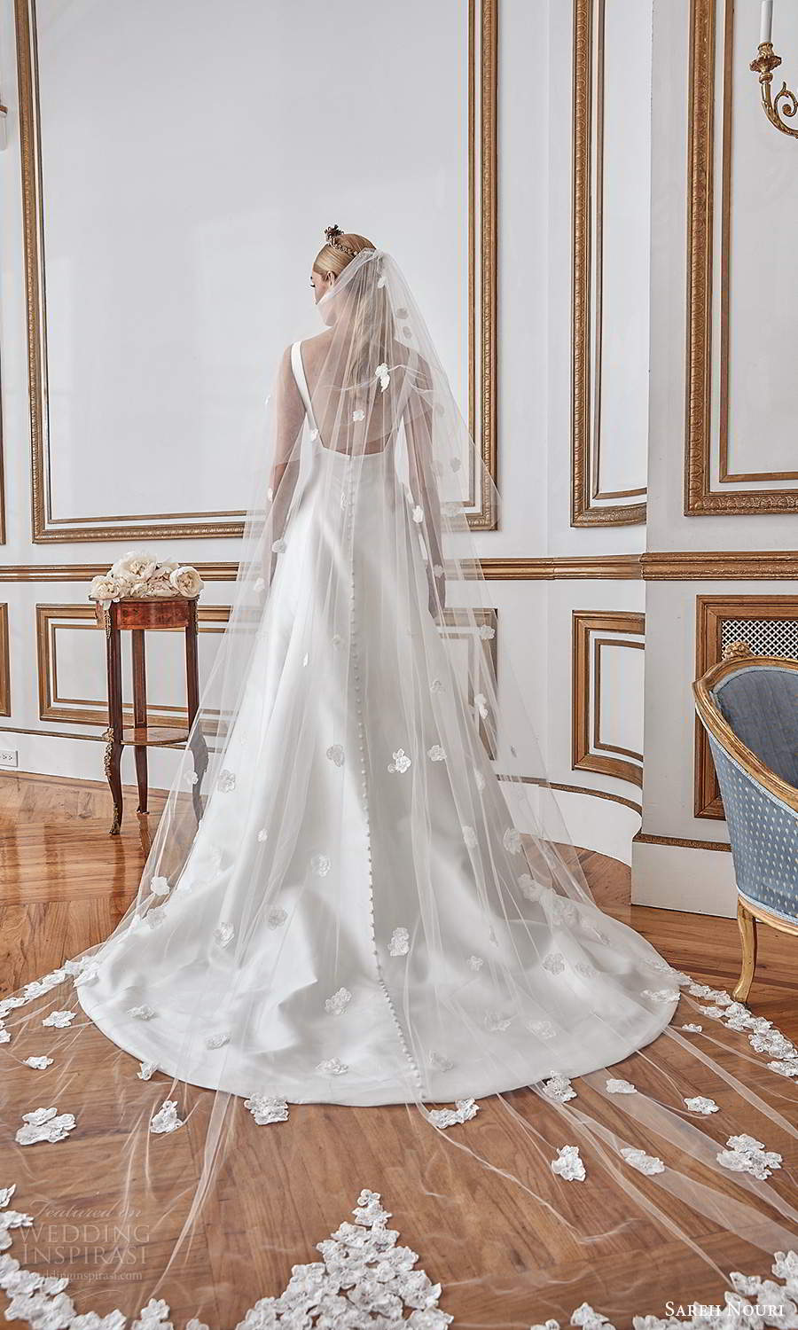 sareh nouri fall 2021 bridal sleeveless thick straps square neckline minimalist princess sheath wedding dress a line overskirt chapel train low back veil (9) bv sareh nouri fall 2021 bridal sleeveless thick straps square neckline minimalist princess sheath wedding dress a line overskirt chapel train low back veil (9) bv