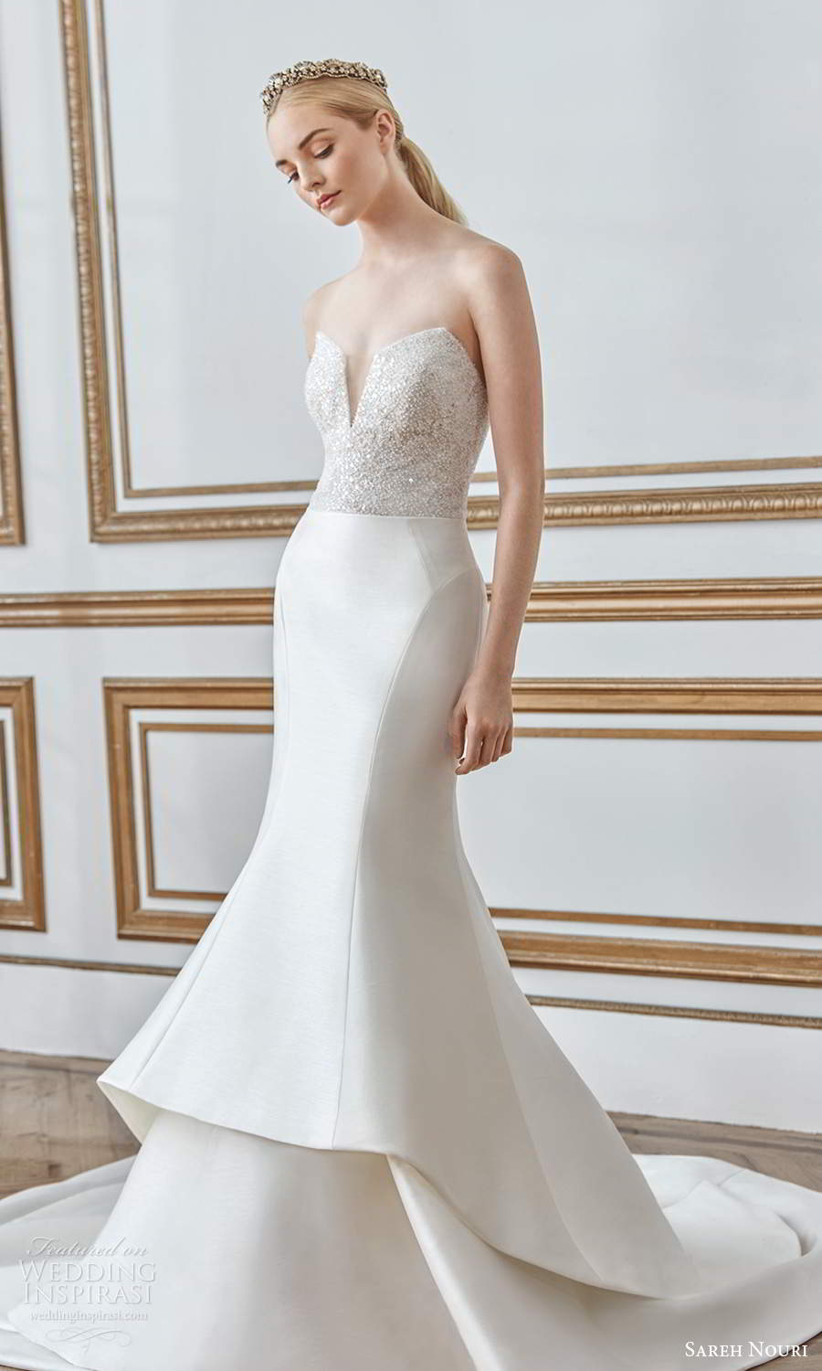 sareh nouri fall 2021 bridal strapless sweetheart neckline embellished bodice clean skirt mermaid wedding dress chapel train (6) mv