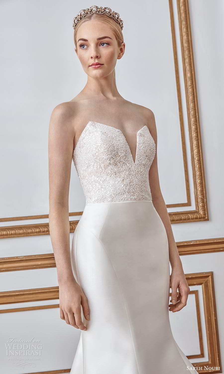 sareh nouri fall 2021 bridal strapless sweetheart neckline embellished bodice clean skirt mermaid wedding dress chapel train (6) zv