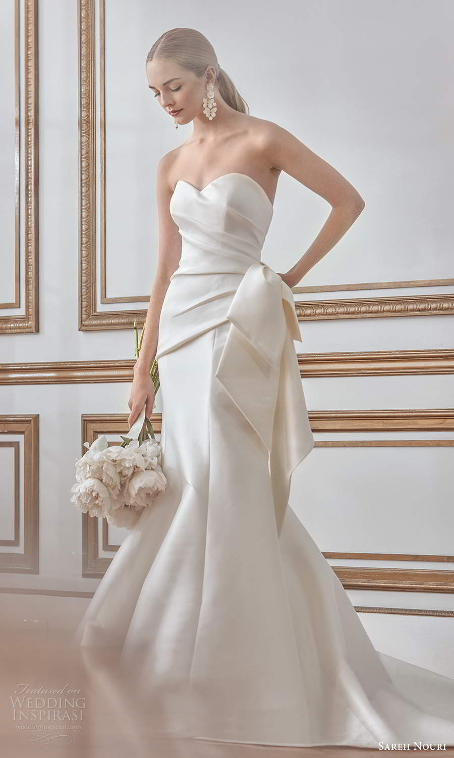 sareh nouri fall 2021 bridal strapless sweetheart neckline ruched bodice bow waist clean minimalist mermaid wedding dress chapel train (8) mv