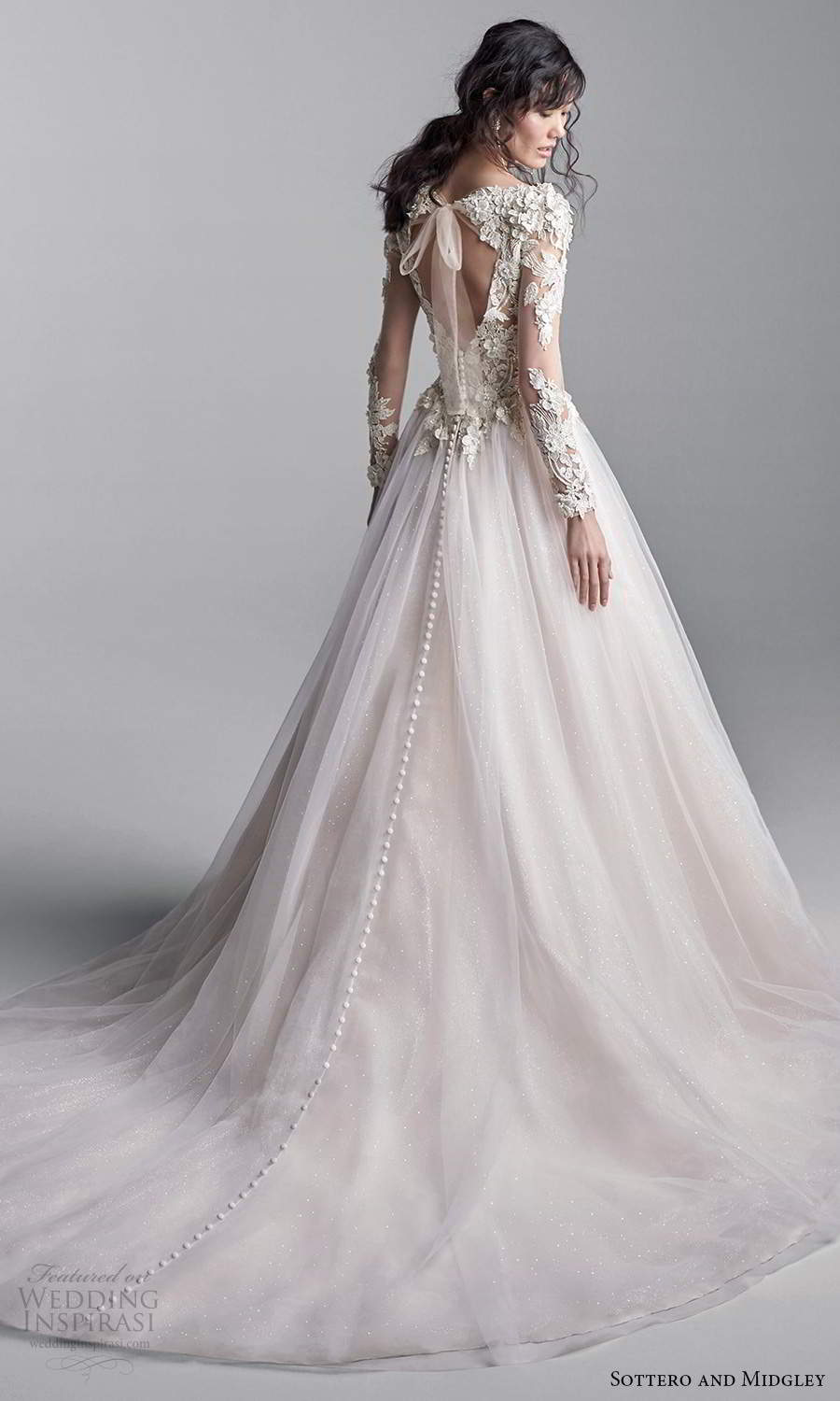 sottero midgley fall 2020 bridal illusion long sleeves plunging v neckline embellished bodice a line ball gown wedding dress blush chapel train (1) bv