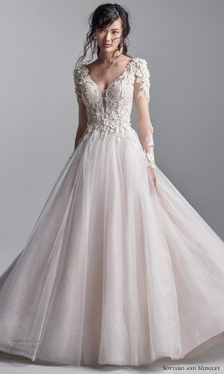 sottero midgley fall 2020 bridal illusion long sleeves plunging v neckline embellished bodice a line ball gown wedding dress blush chapel train (1) mv