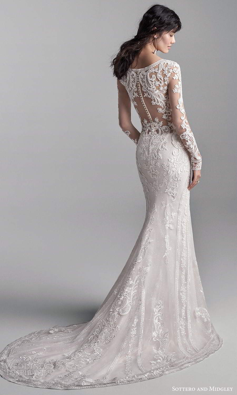 sottero midgley fall 2020 bridal illusion long sleeves v neckline fully embellished fit flare wedding dress chapel train (3) bv