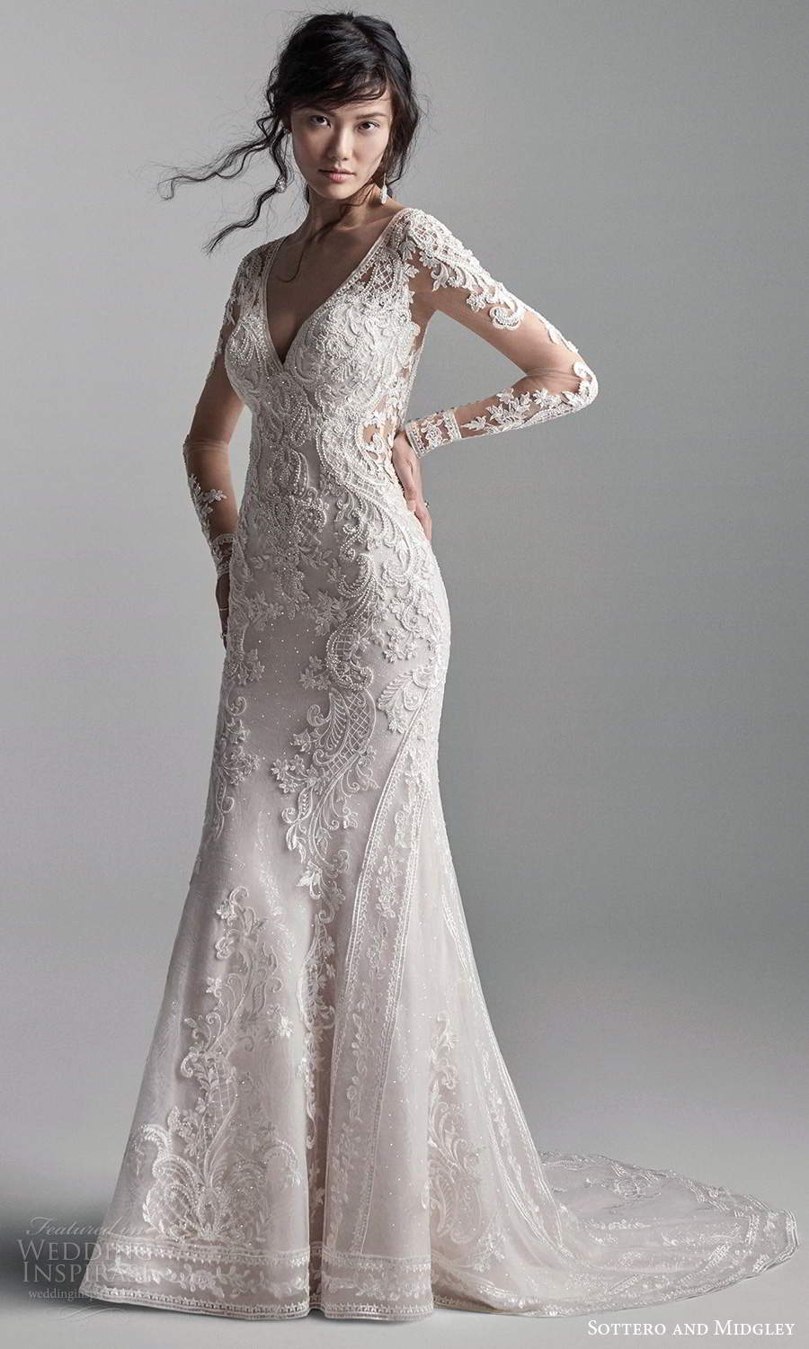 sottero midgley fall 2020 bridal illusion long sleeves v neckline fully embellished fit flare wedding dress chapel train (3) mv