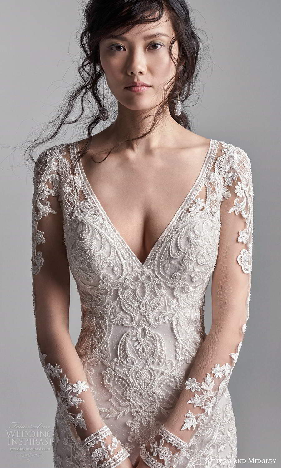 sottero midgley fall 2020 bridal illusion long sleeves v neckline fully embellished fit flare wedding dress chapel train (3) zv