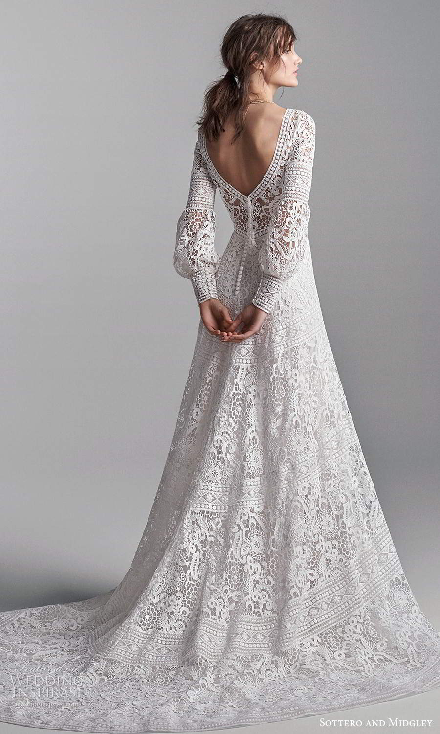 sottero midgley fall 2020 bridal long puff bishop sleeves plunging v neckline fully embellished lace a line ball gown wedding dress chapel train (11) bv