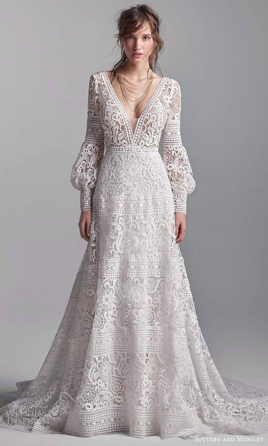 sottero midgley fall 2020 bridal long puff bishop sleeves plunging v neckline fully embellished lace a line ball gown wedding dress chapel train (11) mv