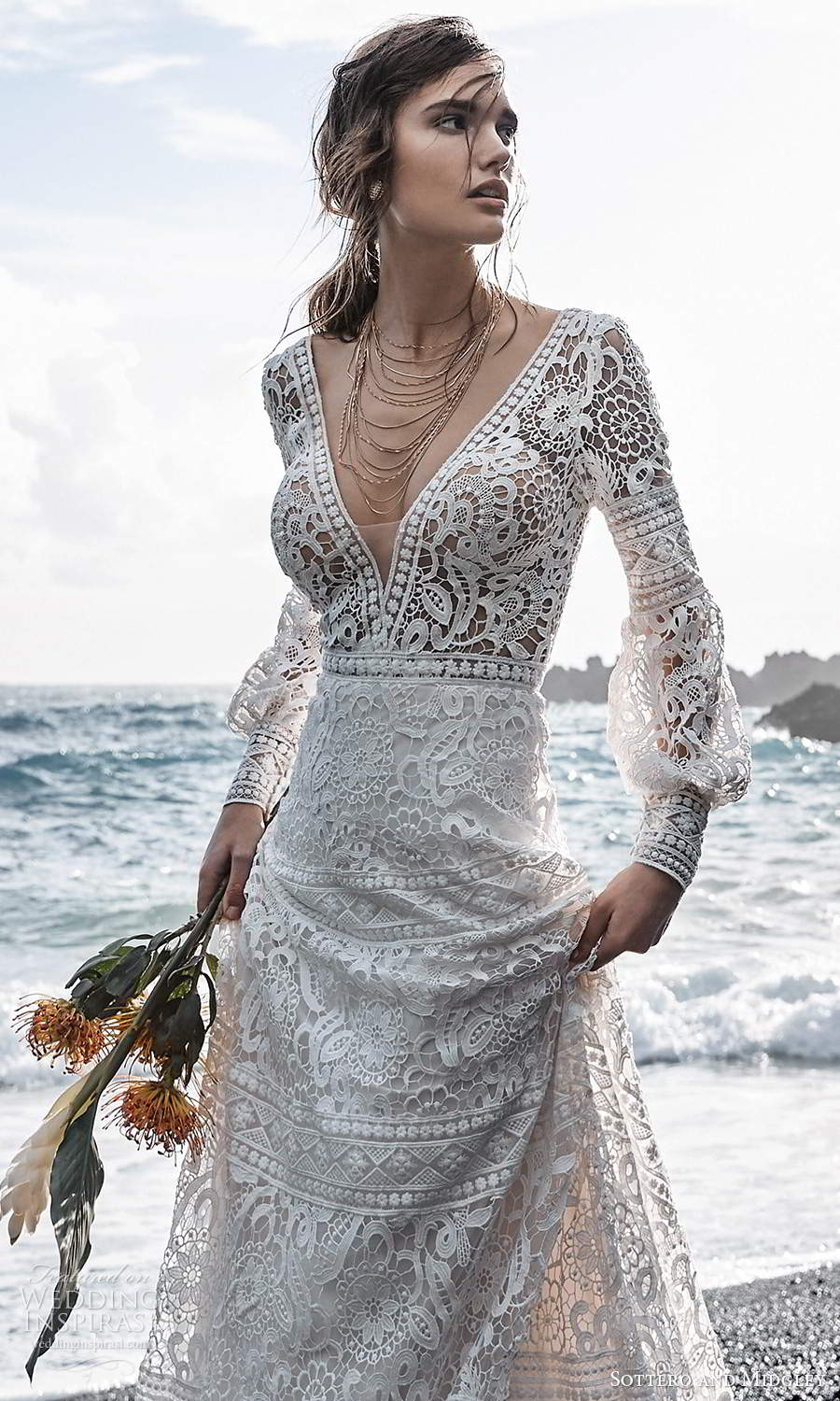 sottero midgley fall 2020 bridal long puff bishop sleeves plunging v neckline fully embellished lace a line ball gown wedding dress chapel train (11) zv 