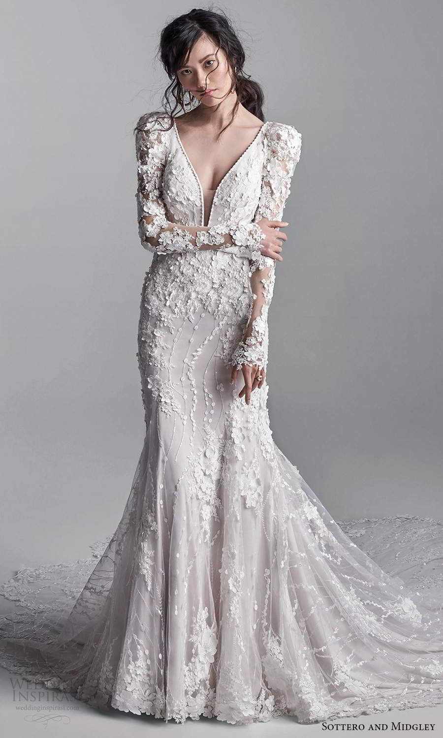 sottero midgley fall 2020 bridal long puff sleeves sleeveless straps plunging neckline fully embellished lace sheath wedding dress chapel train (2) mv