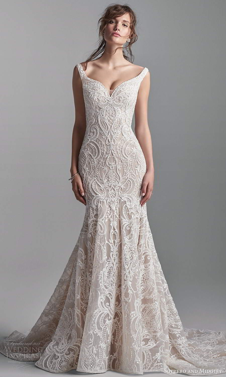 sottero midgley fall 2020 bridal off shoulder straps sweetheart neckline fully embellished lace fit flare mermaid wedding dress chapel train (12) mv