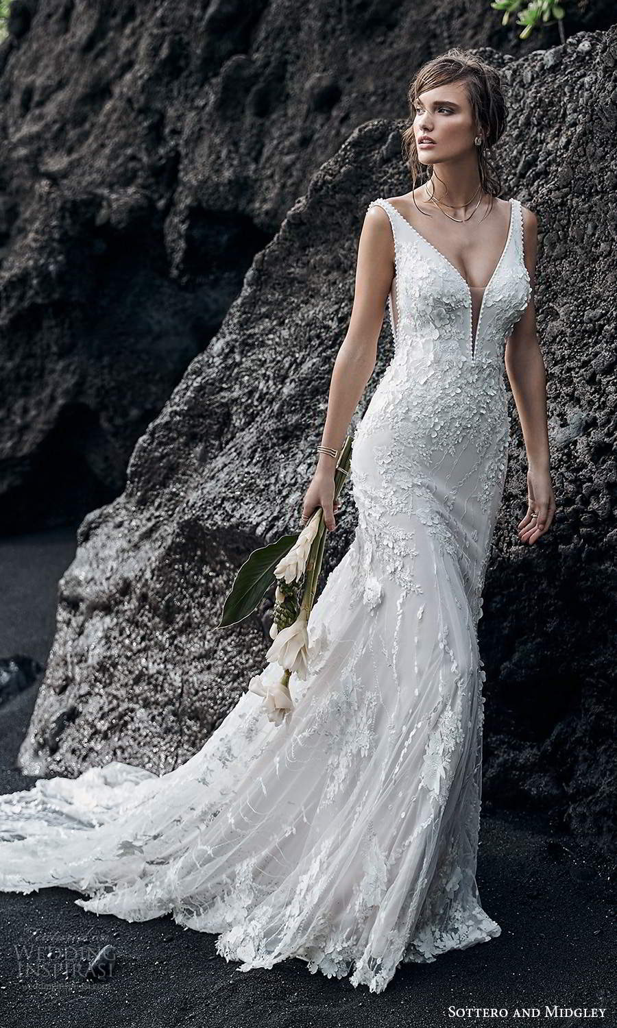 sottero midgley fall 2020 bridal sleeveless straps plunging neckline fully embellished lace sheath wedding dress chapel train (2) mv