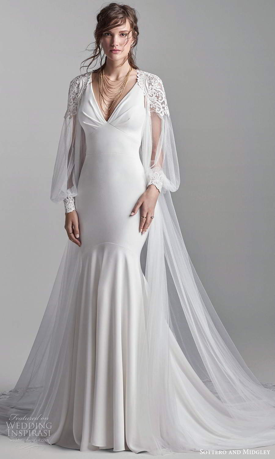 sottero midgley fall 2020 bridal sleeveless straps v neckline clean minimalist mermaid wedding dress chapel train bishop sleeve coat (10) mv