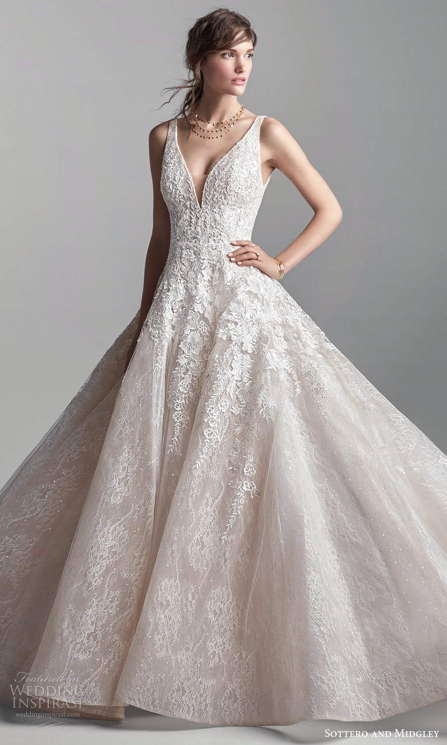 sottero midgley fall 2020 bridal sleeveless thick straps plunging v neckline fully embellished fit flare a line ball gown wedding dress blush chapel train (6) mv