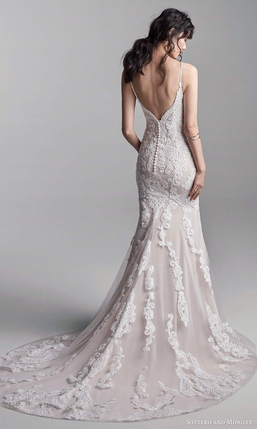 sottero midgley fall 2020 bridal sleeveless thin straps plunging sweetheart neckline fully embellished fit flare mermaid wedding dress chapel train (13) bv