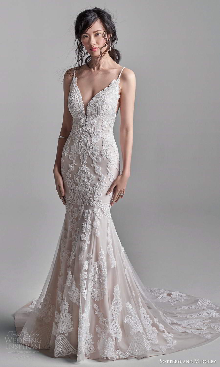 sottero midgley fall 2020 bridal sleeveless thin straps plunging sweetheart neckline fully embellished fit flare mermaid wedding dress chapel train (13) mv