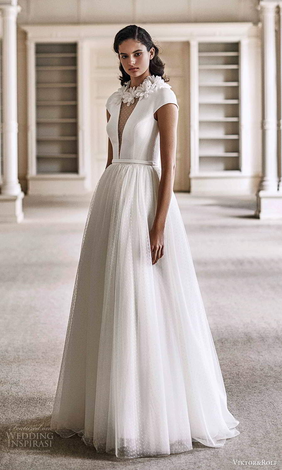 viktor rolf spring 2021 bridal cap sleeves plunging v neckline minimalist a line ball gown wedding dress sweep train (3) mv