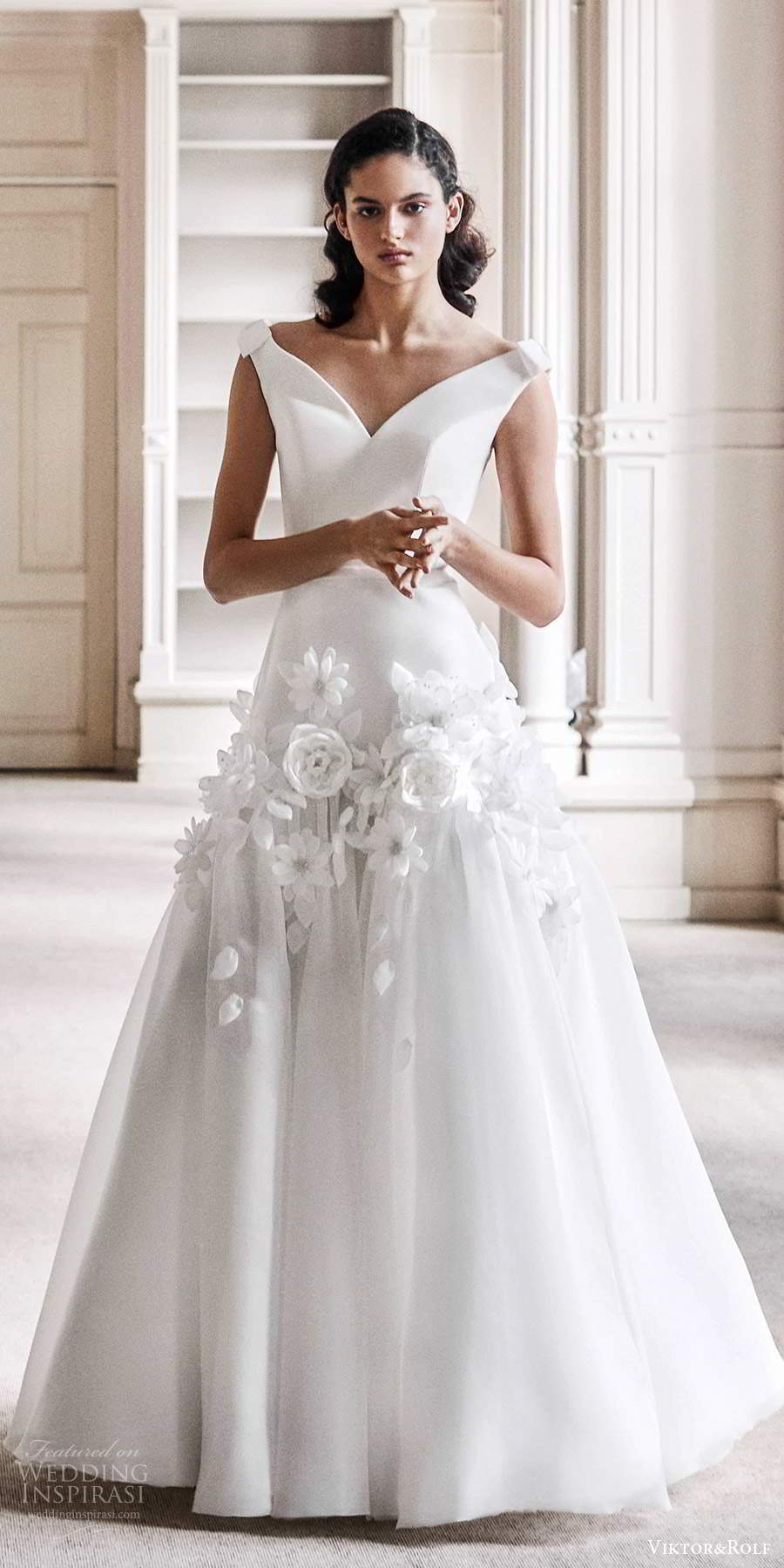 viktor rolf spring 2021 bridal off shoulder straps v neckline clean bodice embellished skirt a line wedding dress (9) mv