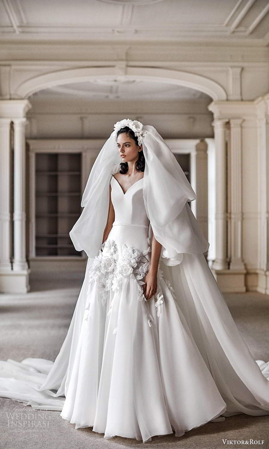 viktor rolf spring 2021 bridal off shoulder straps v neckline clean bodice embellished skirt a line wedding dress veil (9) mv
