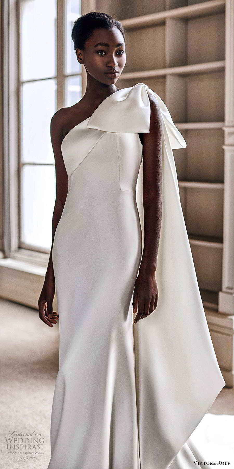 viktor rolf spring 2021 bridal one shoulder bw straps clean minimalist sheath wedding dress (4) mv