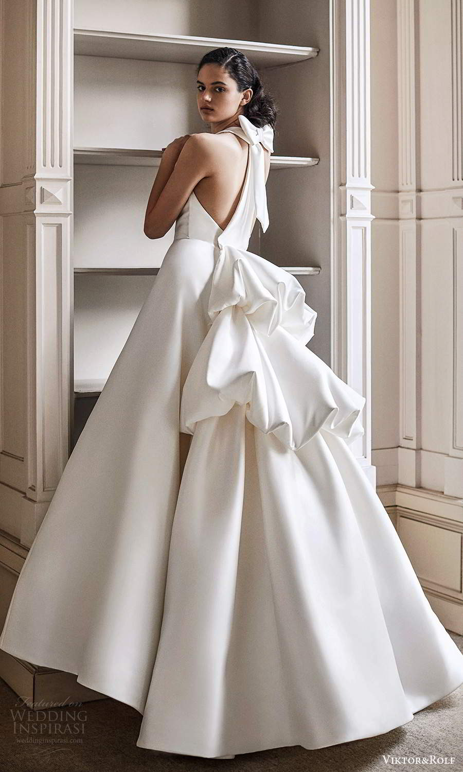 viktor rolf spring 2021 bridal sleeveless halter neckline clean minimalist a line ball gown wedding dress tiered bustle back (17) bv