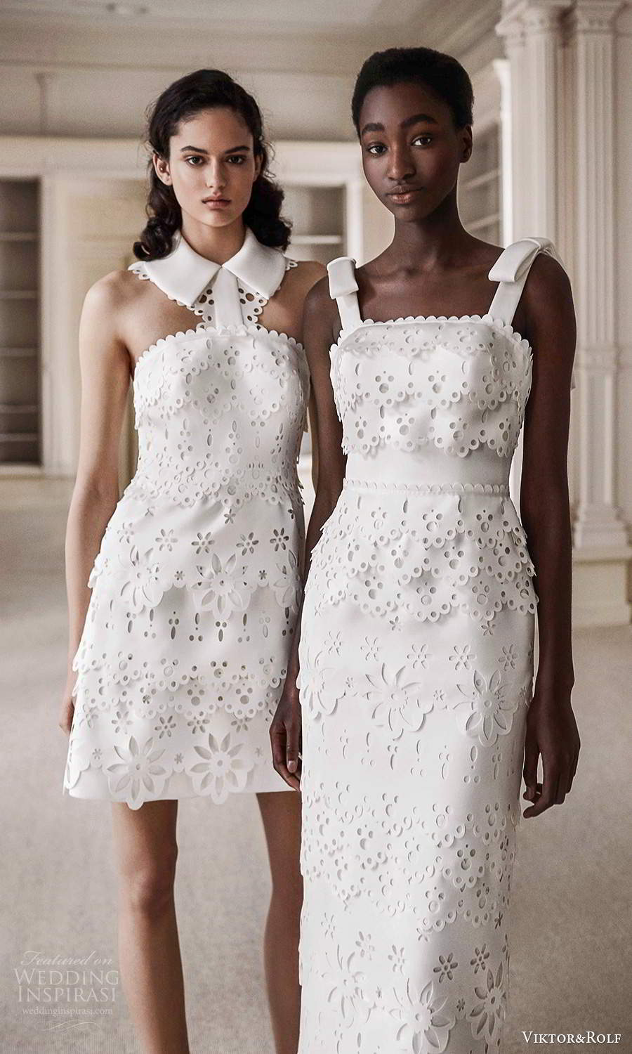 viktor rolf spring 2021 bridal sleeveless straight across broderie anglaise short column wedding dresses (8) mv