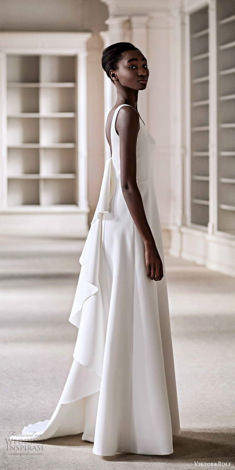 viktor rolf spring 2021 bridal sleeveless straps clean minimalist a line wedding dress watteau train (11) mv