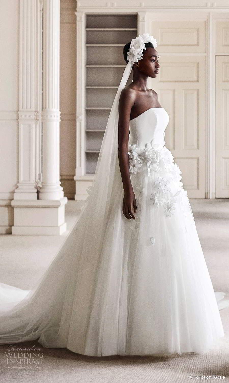 viktor rolf spring 2021 bridal strapless straight across neckline embellished waist ball gown wedding dress chapel train (10) mv