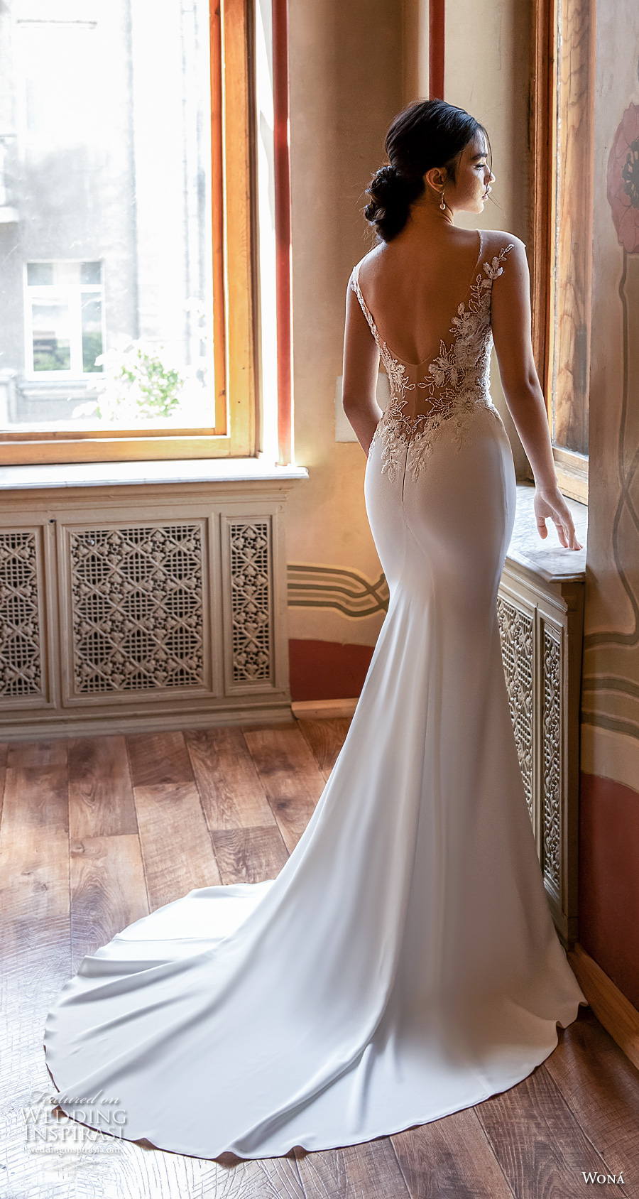 wona concept 2021 romance bridal cap sleeves v neck heavily embellished bodice elegant fit and flare wedding dress v back medium train (13) bv