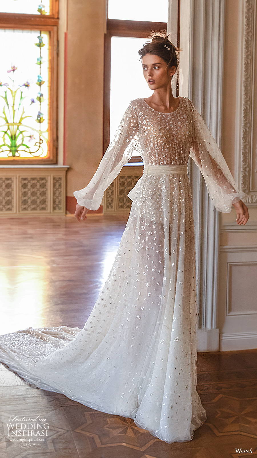 wona concept 2021 romance bridal long bishop sleeves jewel neck full embellishment romantic soft a  line wedding dress v back chapel train (5) mv