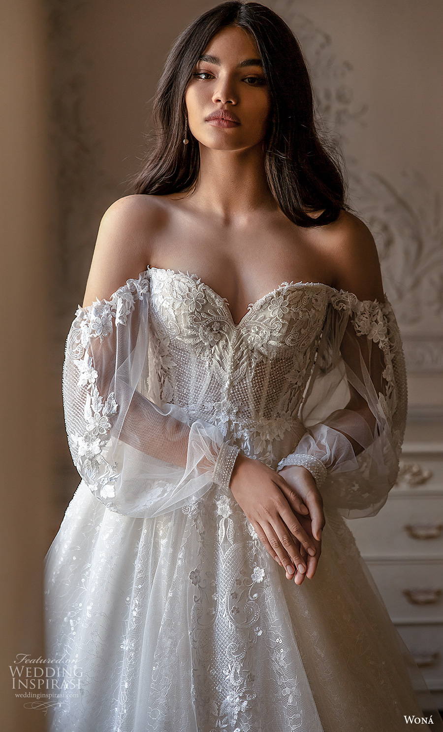 wona concept 2021 romance bridal long bishop sleeves sweetheart neckline heavily embellished bodice bustier romantic princess a  line wedding dress mid back chapel train (11) zv