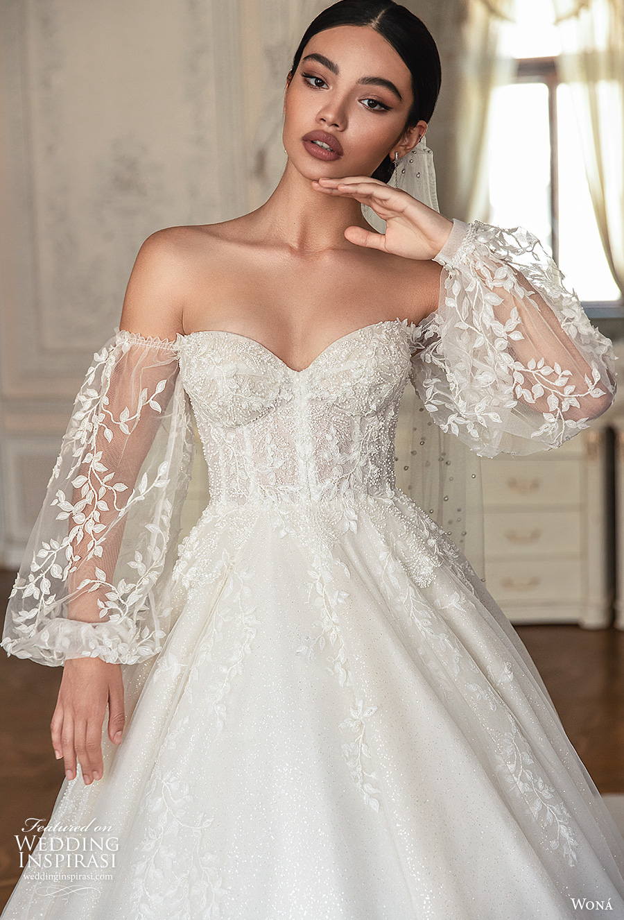 wona concept 2021 romance bridal long bishop sleeves sweetheart neckline heavily embellished bodice romantic princess a  line wedding dress mid back royal train (7) zv