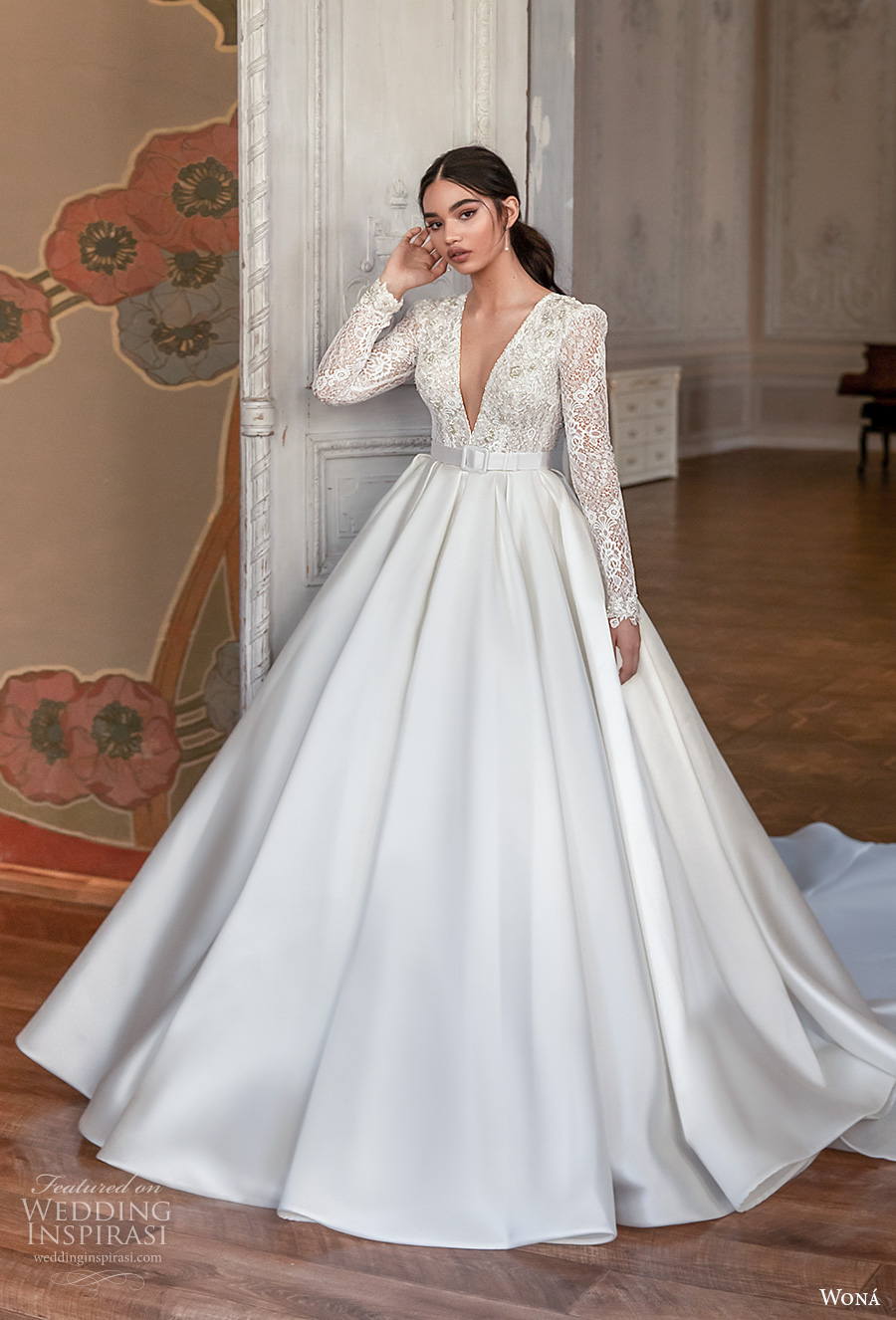 wona concept 2021 romance bridal long sleeves deep v neck heavily embellished bodice princess elegant a  line wedding dress keyhole bacl royal train (4) mv