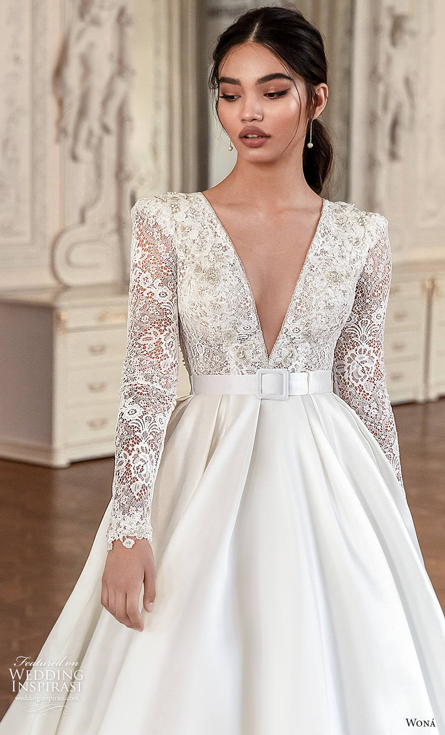 wona concept 2021 romance bridal long sleeves deep v neck heavily embellished bodice princess elegant a  line wedding dress keyhole bacl royal train (4) zv