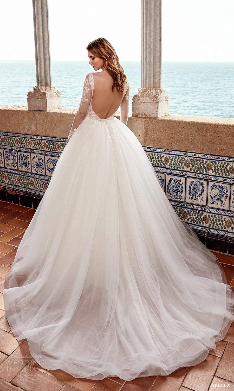 abella allure bridals 2020 bridal illusion long sleeves plunging v neckline embellished bodice a line ball gown wedding dress chapel train (8) bv