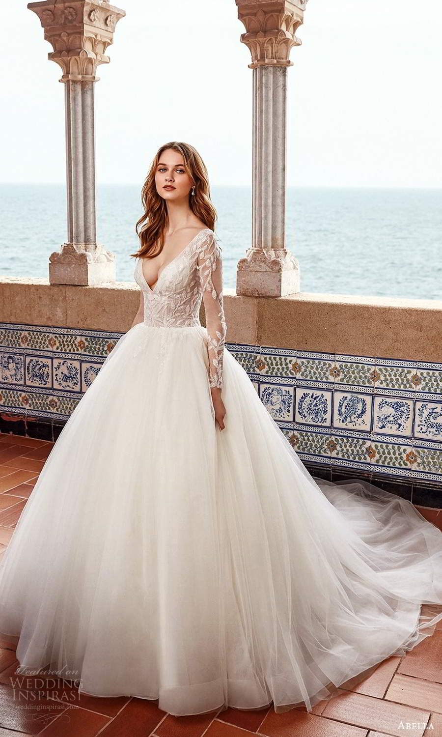 abella allure bridals 2020 bridal illusion long sleeves plunging v neckline embellished bodice a line ball gown wedding dress chapel train (8) mv