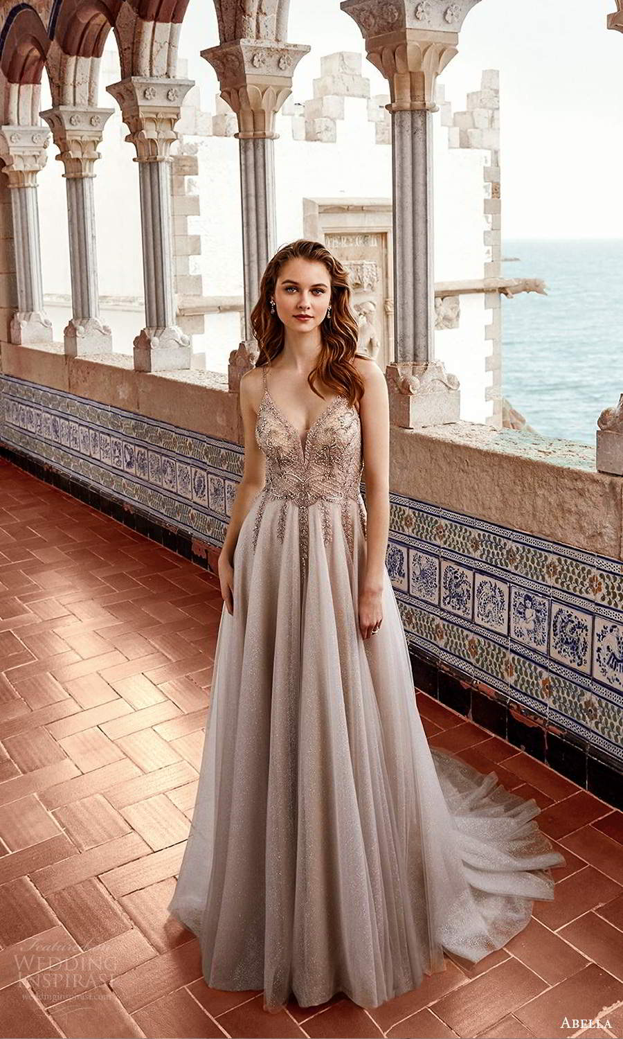 abella allure bridals 2020 bridal sleeveless beaded straps plunging v neckline heavily embellished bodice a line ball gown wedding dress silver blush chapel train (6) mv